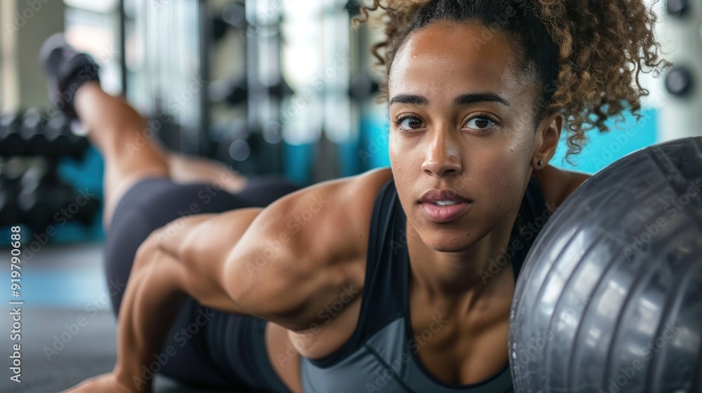 Woman in a Gym Doing a Push Up with a Ball Woman in a Gym Doing a Push Up with a Ball