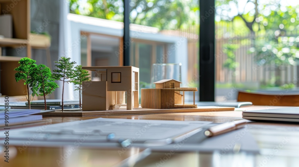 Architectural Model of a House with Trees on a Table Architectural Model of a House with Trees on a Table
