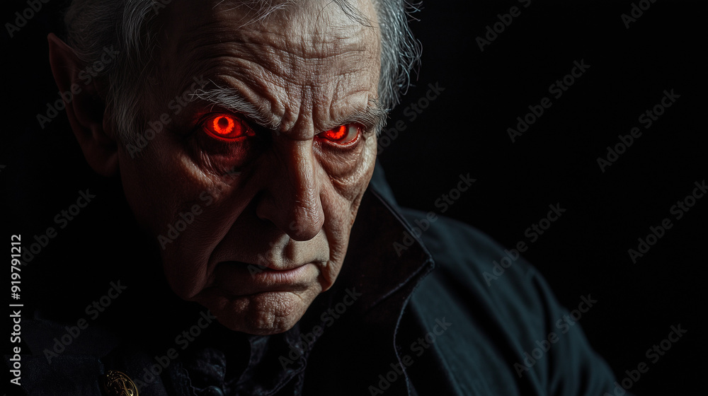Elderly Man with Glowing Red Eyes and Angry Expression in Dark Setting Elderly Man with Glowing Red Eyes and Angry Expression in Dark Setting