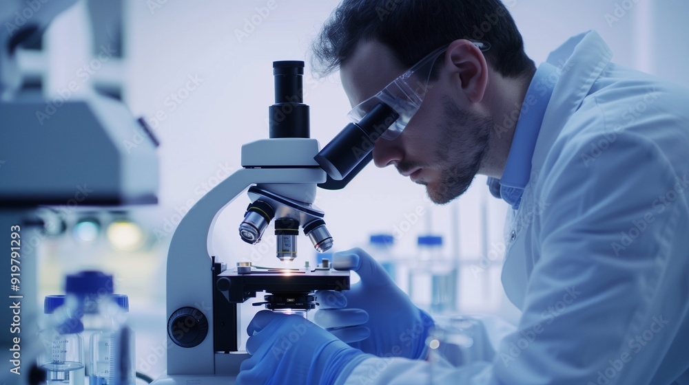 Lab technician closely examining samples under a high-powered microscope Lab technician closely examining samples under a high-powered microscope