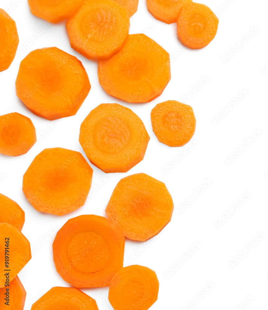 Slices of fresh ripe carrot isolated on white, top view Slices of fresh ripe carrot isolated on white, top view