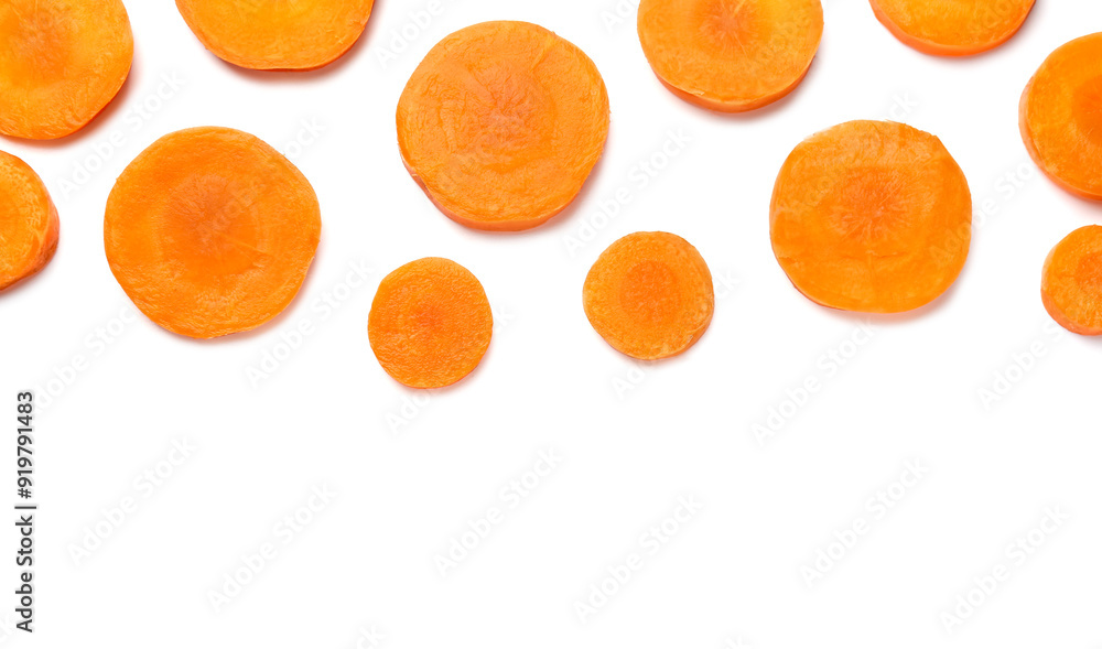 Slices of fresh ripe carrot isolated on white, top view Slices of fresh ripe carrot isolated on white, top view