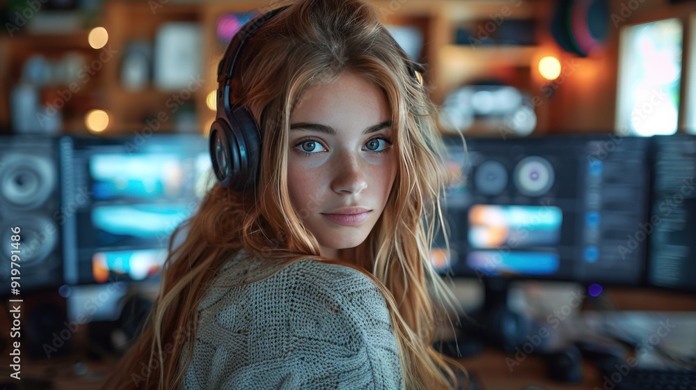 Young Woman with Headphones in a Home Studio Young Woman with Headphones in a Home Studio