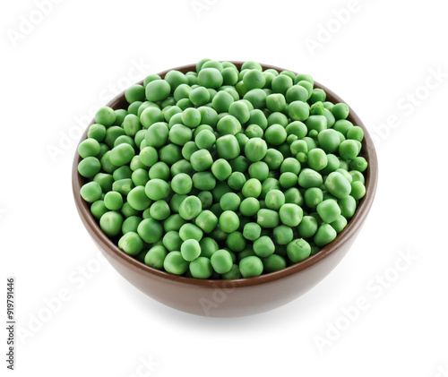 Fresh green peas in bowl isolated on white