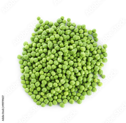 Pile of fresh green peas isolated on white, top view