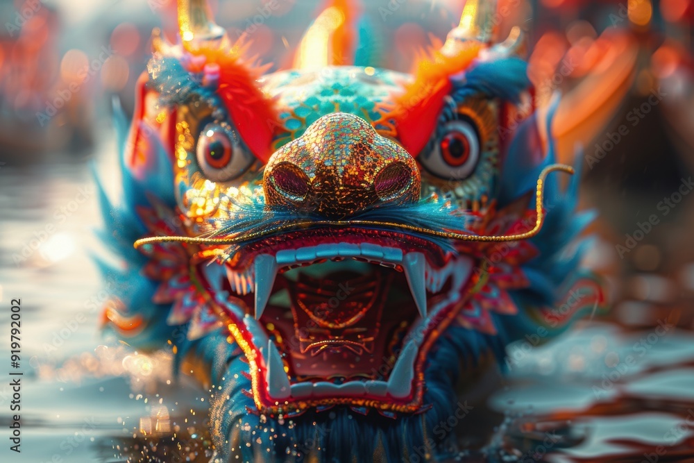 Vibrant Dragon Head Glimmers During the Chinese Dragon Boat Festival Celebration Vibrant Dragon Head Glimmers During the Chinese Dragon Boat Festival Celebration