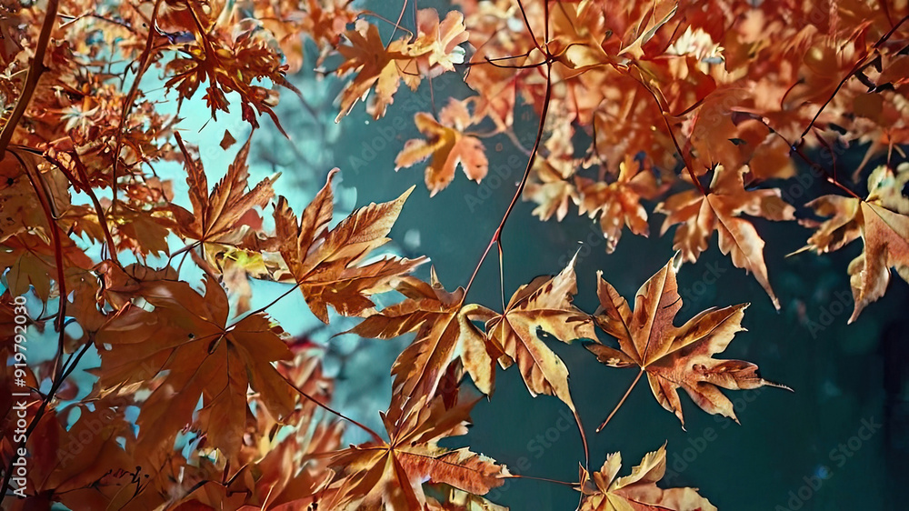 Branches of trees with autumn yellow leaves on the background of a gloomy forest landscape Branches of trees with autumn yellow leaves on the background of a gloomy forest landscape