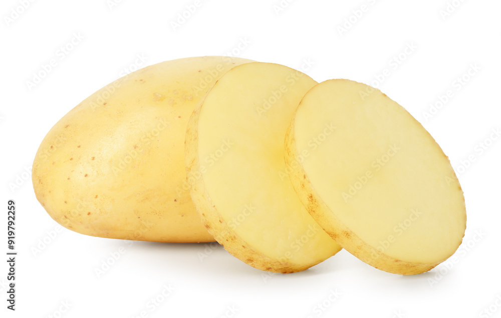 Fresh whole and cut potatoes isolated on white Fresh whole and cut potatoes isolated on white