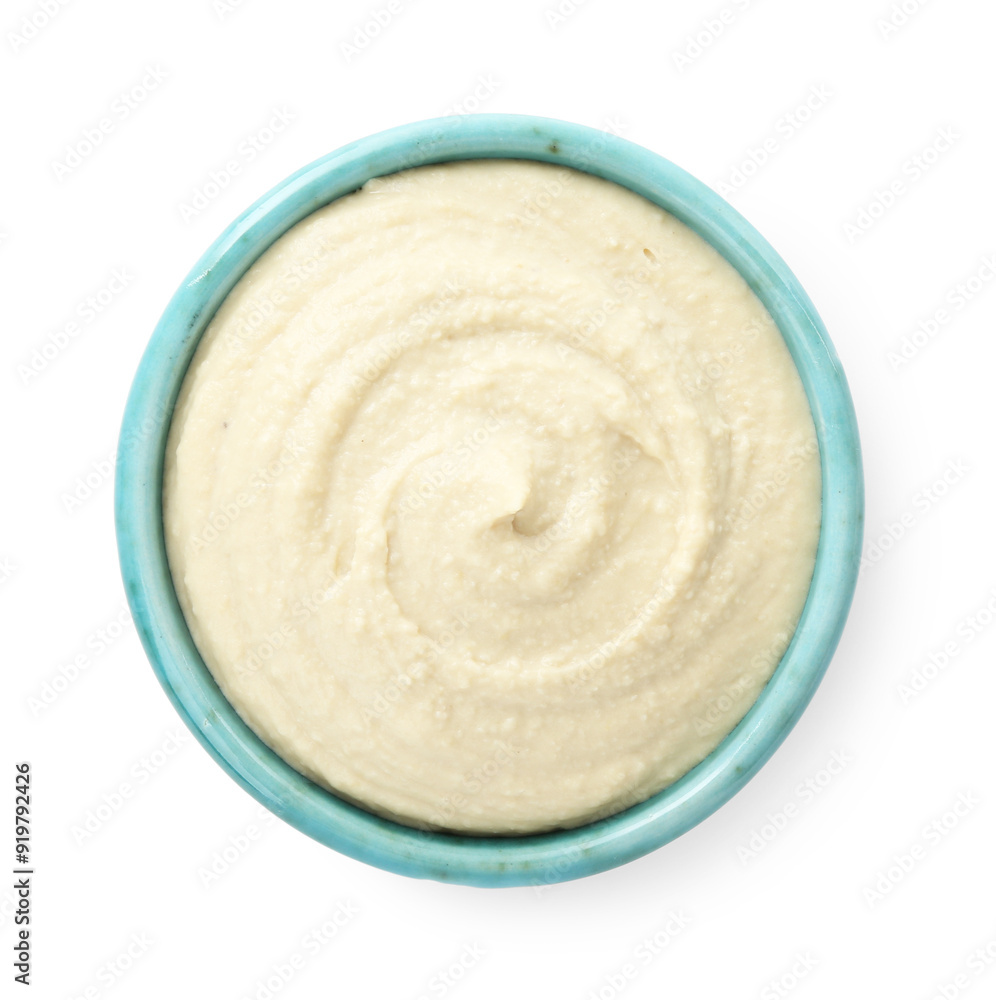 Delicious hummus in bowl isolated on white, top view Delicious hummus in bowl isolated on white, top view
