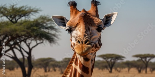 The head of a funny giraffe on the background of the African savannah. photo