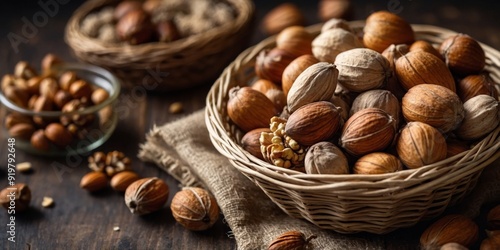 A basket overflowing with freshly gathered wild nuts ready to be roasted and eaten as a delicious and healthy snack. photo