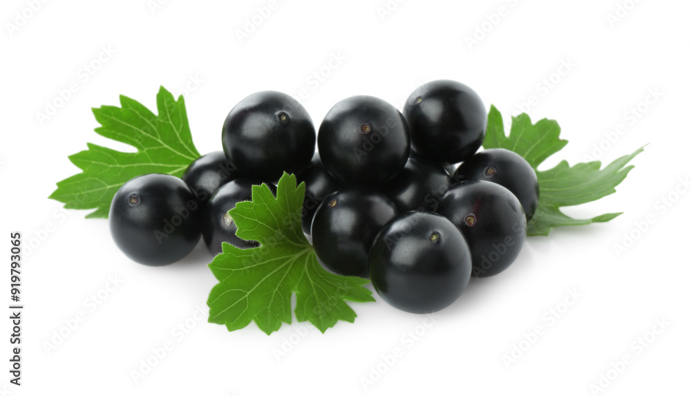 Fresh ripe black currant berries with leaves isolated on white Fresh ripe black currant berries with leaves isolated on white