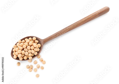 Spoon with dried peas isolated on white, top view