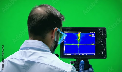 Chroma Green Screen Over-the-Shoulder Researcher Using Thermal Imaging Camera