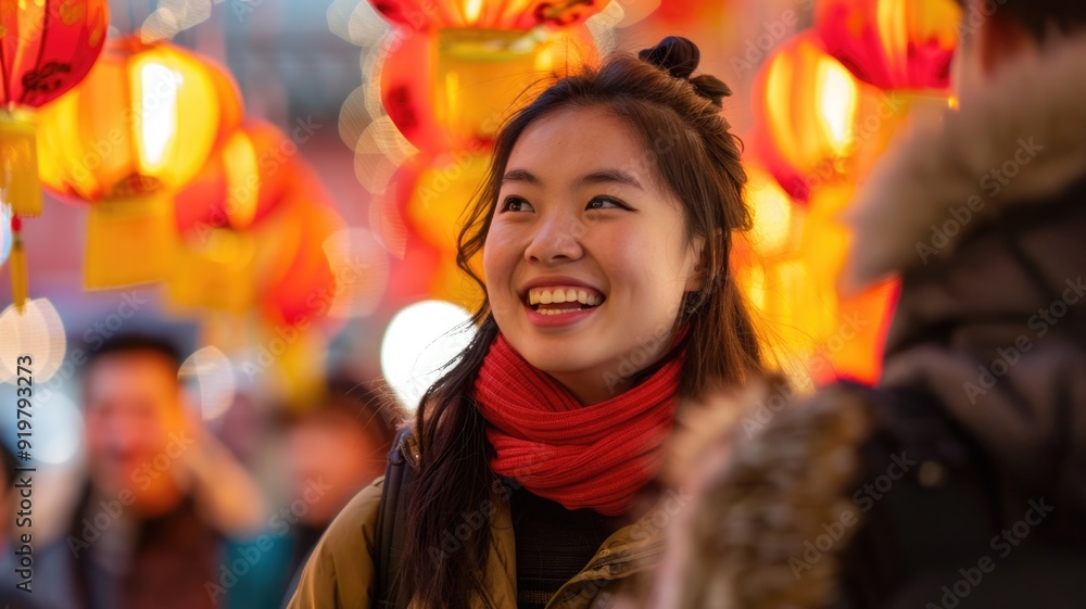 A joyful woman smiles brightly while enjoying a vibrant night market,a Chinese New Year celebration A joyful woman smiles brightly while enjoying a vibrant night market,a Chinese New Year celebration