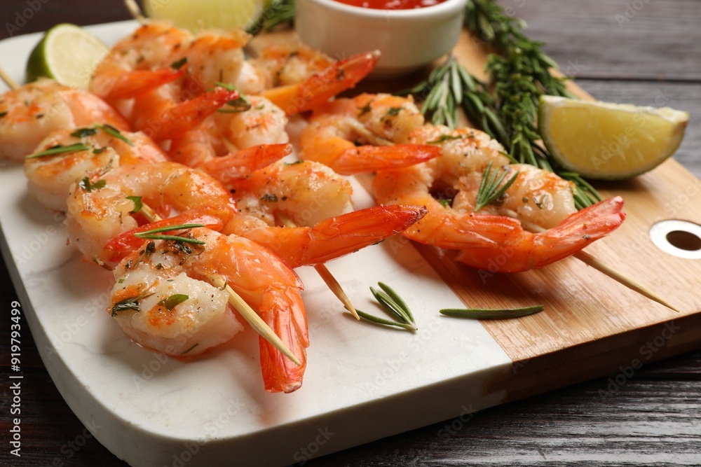 Skewers with delicious grilled shrimps served on wooden table, closeup Skewers with delicious grilled shrimps served on wooden table, closeup