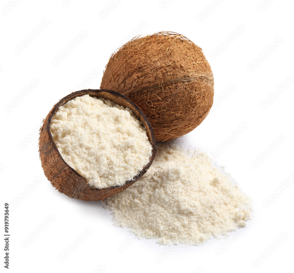Fresh coconut flour and nuts isolated on white Fresh coconut flour and nuts isolated on white
