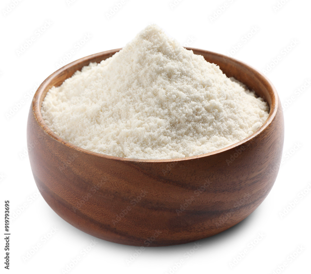 Fresh coconut flour in bowl isolated on white Fresh coconut flour in bowl isolated on white