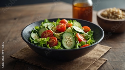 Bowl of Fresh & Tasty Salad using Lettuce, Cucumber, & Tomato. photo