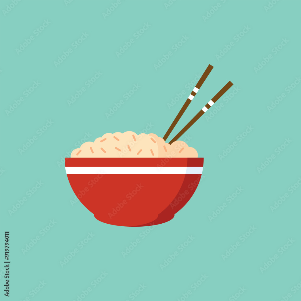 Traditional bowl of rice with chopsticks. flat vector illustration isolated on white background Traditional bowl of rice with chopsticks. flat vector illustration isolated on white background