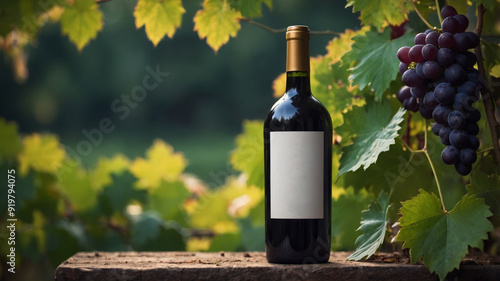 Sealed Wine Bottle using Blank Label Surrounded by Fresh Grapes & Leaves. photo