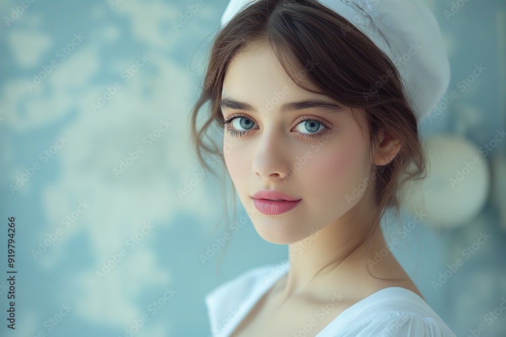 Fototapeta premium A cheerful housemaid with blue eyes smiles warmly in a bright vintage-inspired room.