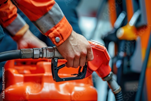 A man refills a red gas can with gasoline at a gas station. photo