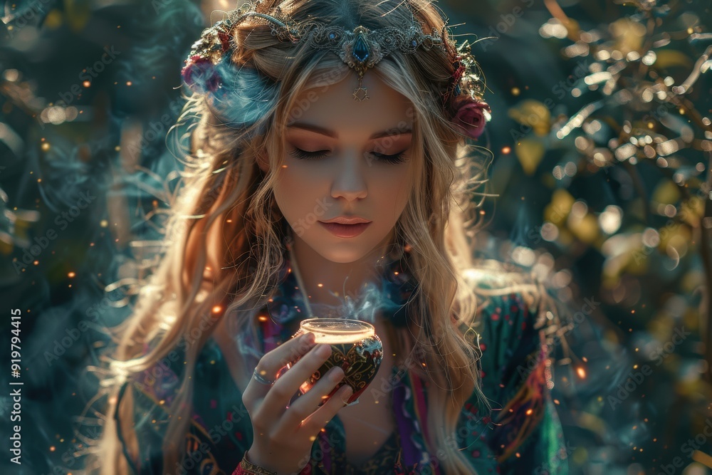 Enchanting Woman Brewing Potions in a Mystical Forest During Medieval Times