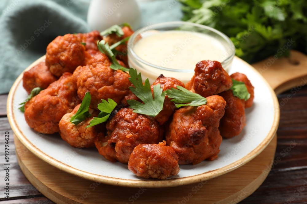 Baked cauliflower buffalo wings, parsley and sauce on wooden table, closeup