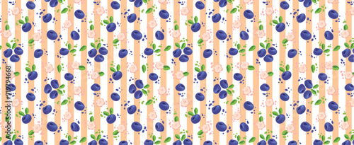 Abstract blueberry pattern. Pink flowers and blue berries on striped background. Vector striped seamless wallpaper. Print for packaging, wrapping paper, textile, fabric