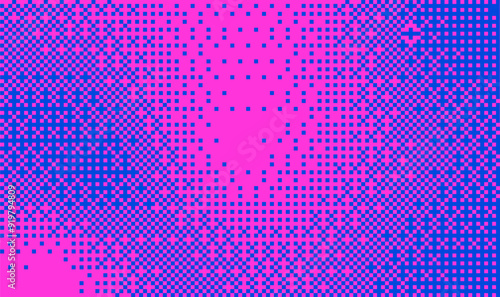 Halftone Pixel Dithering Square Tiles Pattern. Vintage 8-bit Game Background. Neon Pixel Halftone Bitmap Raster Effect. Random Tiles Art. Vector Illustration
