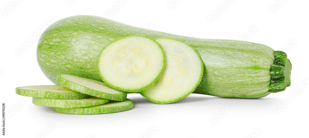 Fresh whole and cut zucchinis isolated on white Fresh whole and cut zucchinis isolated on white