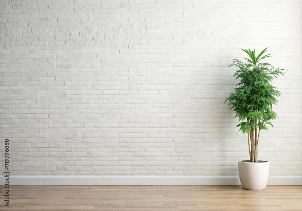 Empty White Room with Wooden Floor and Living Room Plant Empty White Room with Wooden Floor and Living Room Plant