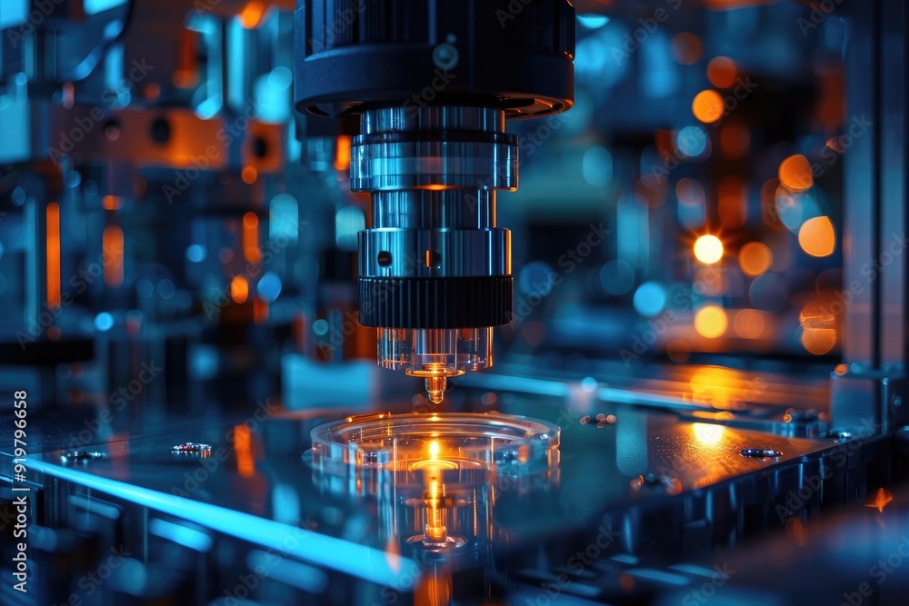 Close-up of a robotic arm with a lens focused on a small object during a manufacturing process. The image is lit with blue and orange light. Close-up of a robotic arm with a lens focused on a small object during a manufacturing process. The image is lit with blue and orange light.