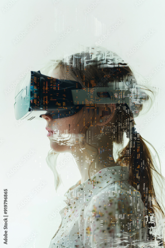 Young girl in virtual reality featuring a creative pixelated dissolve effect Young girl in virtual reality featuring a creative pixelated dissolve effect
