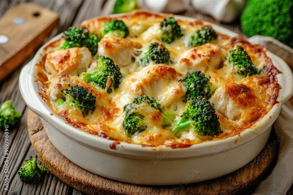 Garlic Chicken And Broccoli. Baked Chicken and Broccoli Casserole with Cheese on Wooden Table Garlic Chicken And Broccoli. Baked Chicken and Broccoli Casserole with Cheese on Wooden Table