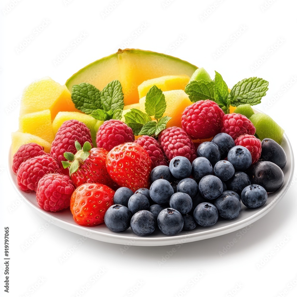 Platter of fresh berries and melon presented for a summer picnic Platter of fresh berries and melon presented for a summer picnic