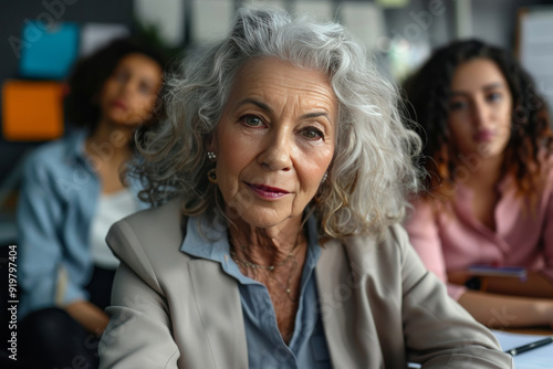 Confident senior businesswoman with team in background