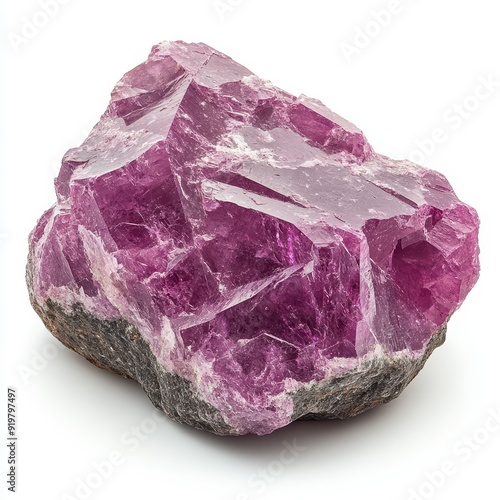 Lepidolite specimen on white background highlighting its purple hue and crystal structure