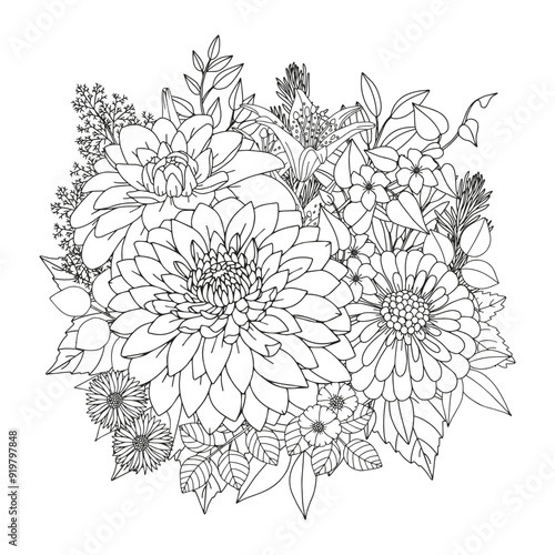 Coloring page for adults and children. Flower bouquet.