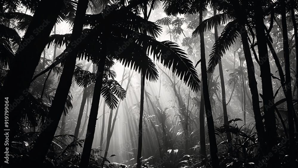 Naklejka premium Mysterious Rainforest Canopy in Film Noir Style