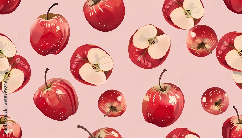 Red apple pattern on a pink background. The design features a seamless pattern of red apples scattered across a pink background.