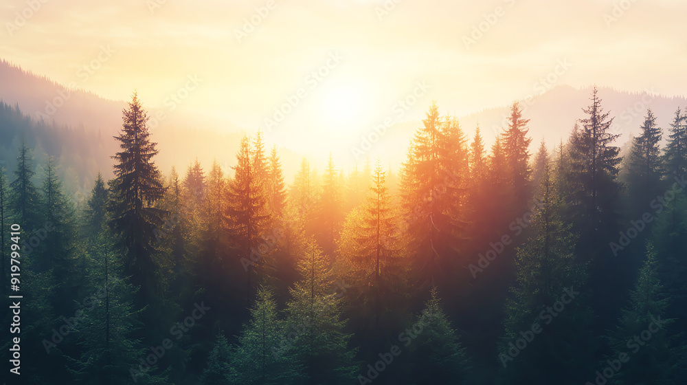 Sunrise over a tranquil pine forest, perfect for inspirational and motivational imagery Sunrise over a tranquil pine forest, perfect for inspirational and motivational imagery