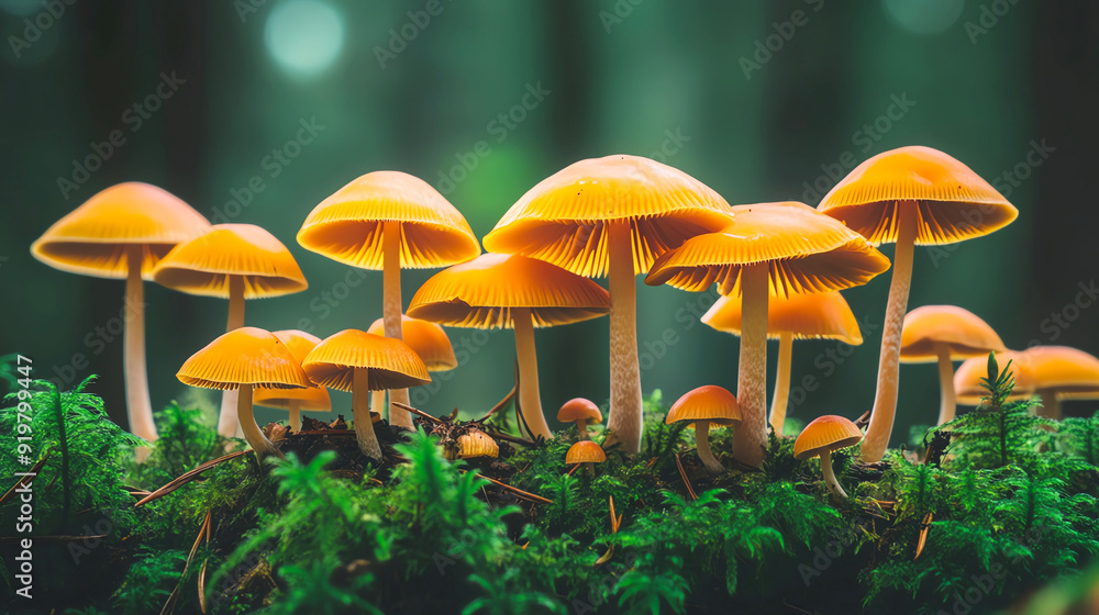 Fototapeta premium Wild mushrooms growing in a pine forest, showcasing biodiversity and foraging