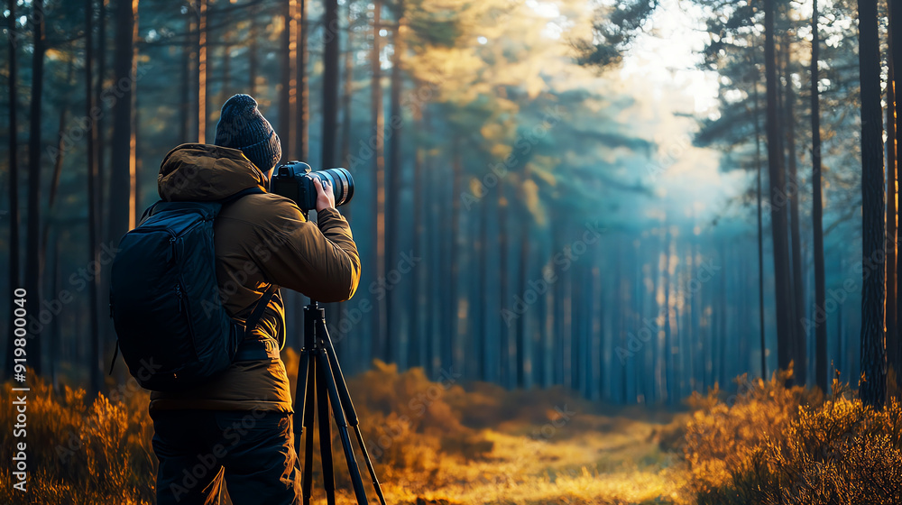 Fototapeta premium Photographer capturing the beauty of a pine forest, focusing on nature photography