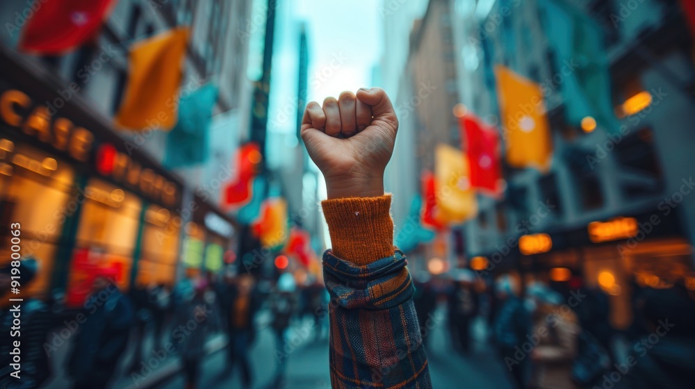 A fist raised high in a city street, symbolizing unity, protest, and hope. A fist raised high in a city street, symbolizing unity, protest, and hope.