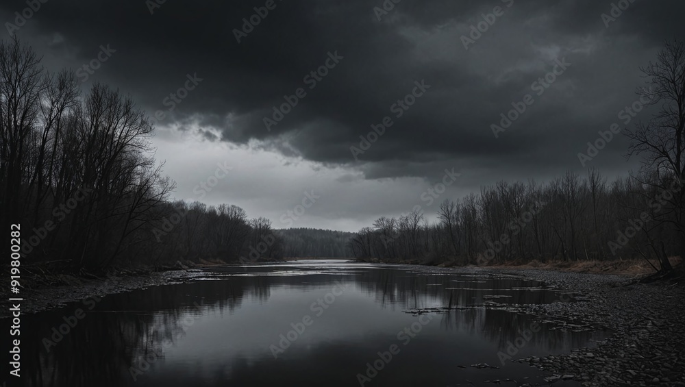 Gloomy Riverbank Moody Waterscape with Reflective Ambiance Gloomy Riverbank Moody Waterscape with Reflective Ambiance