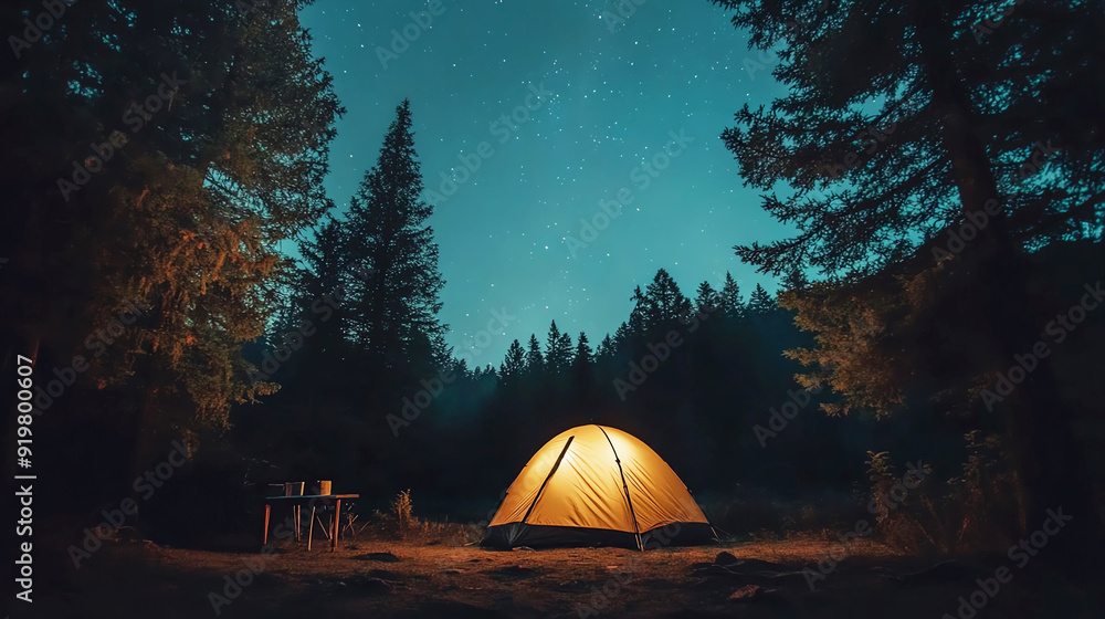 Night sky filled with stars above a forest campsite, offering a magical experience Night sky filled with stars above a forest campsite, offering a magical experience