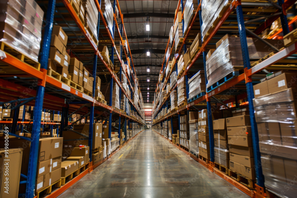 Modern warehouse interior with rows of shelves Modern warehouse interior with rows of shelves