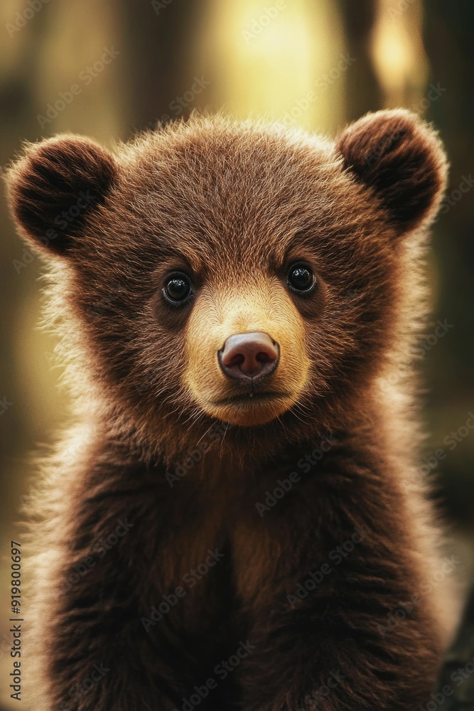 Obraz premium Brown Bear Cub Face. Closeup Portrait of a Little Baby Animal in Summer Forest